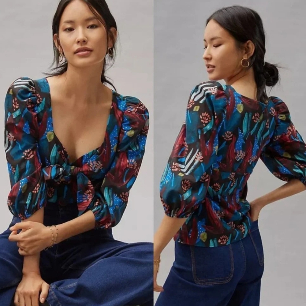 Anthropologie Eva Franco Women's Size 4 Tropical Sweetheart Blouse Blue Floral